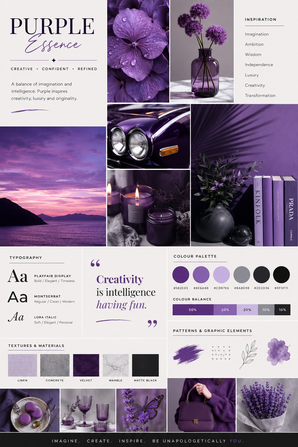 Purple Essence moodboard. Creative, confident, refined. Royal purple palette with the line "Creativity is intelligence having fun."