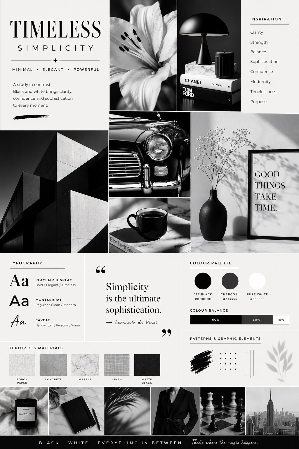 Timeless Simplicity moodboard. Minimal, elegant, powerful. Black, white, and charcoal palette with the line "Simplicity is the ultimate sophistication."